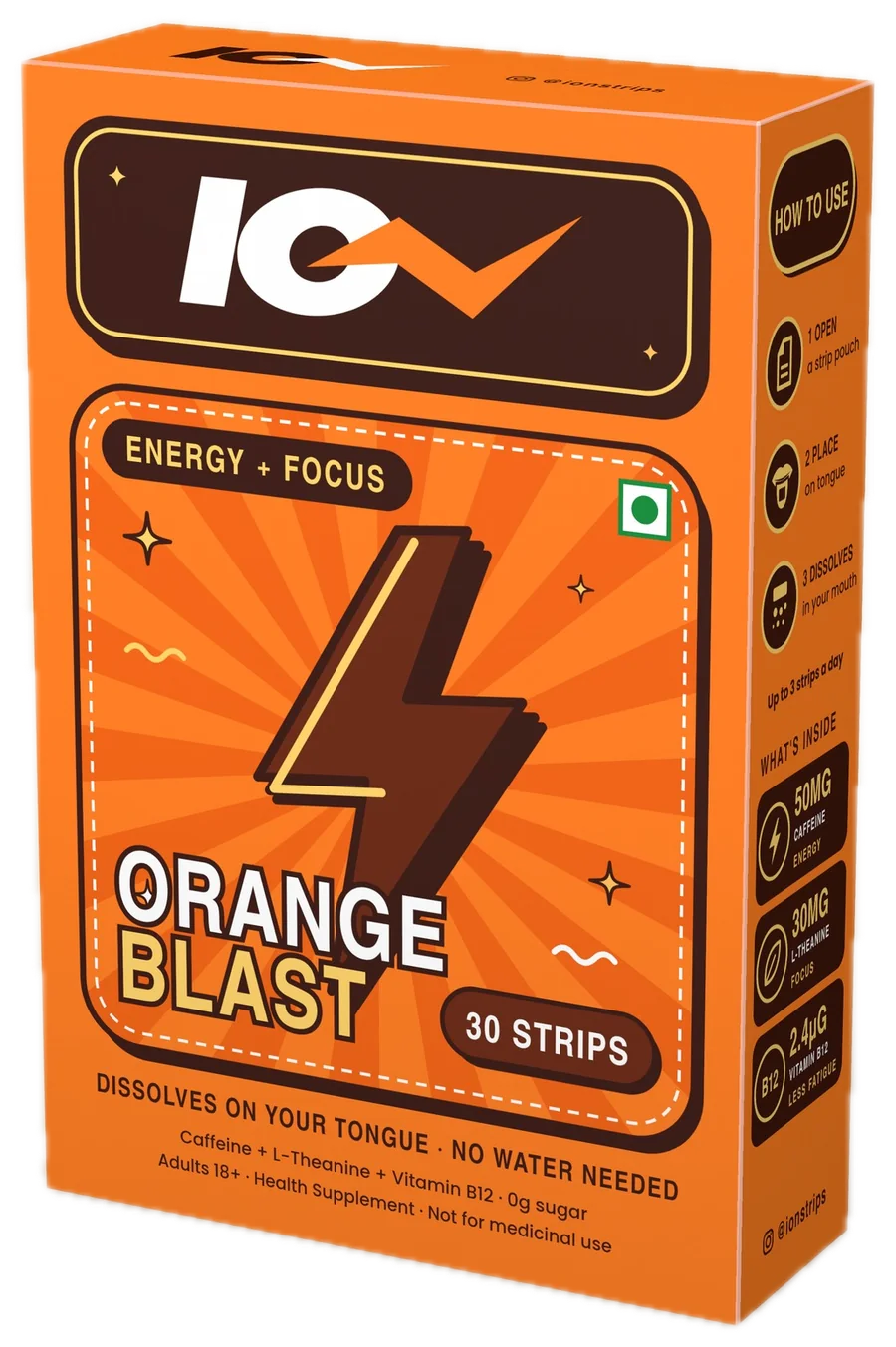 ION Orange Blast caffeine oral strips, box of 30