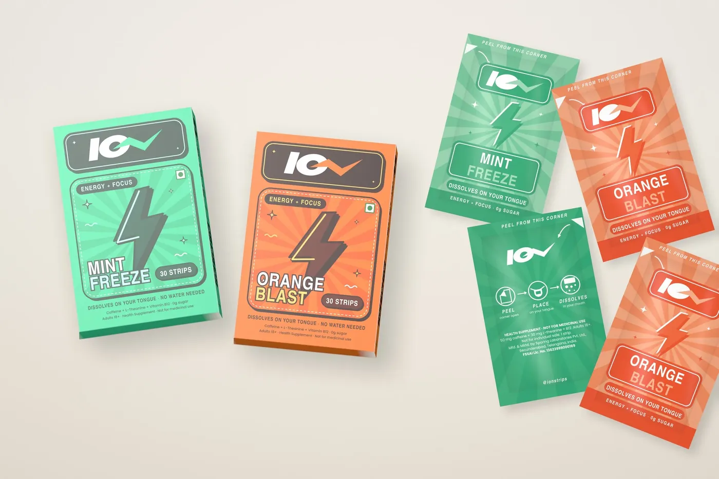Flat lay of ION boxes and strip pouches in both flavours