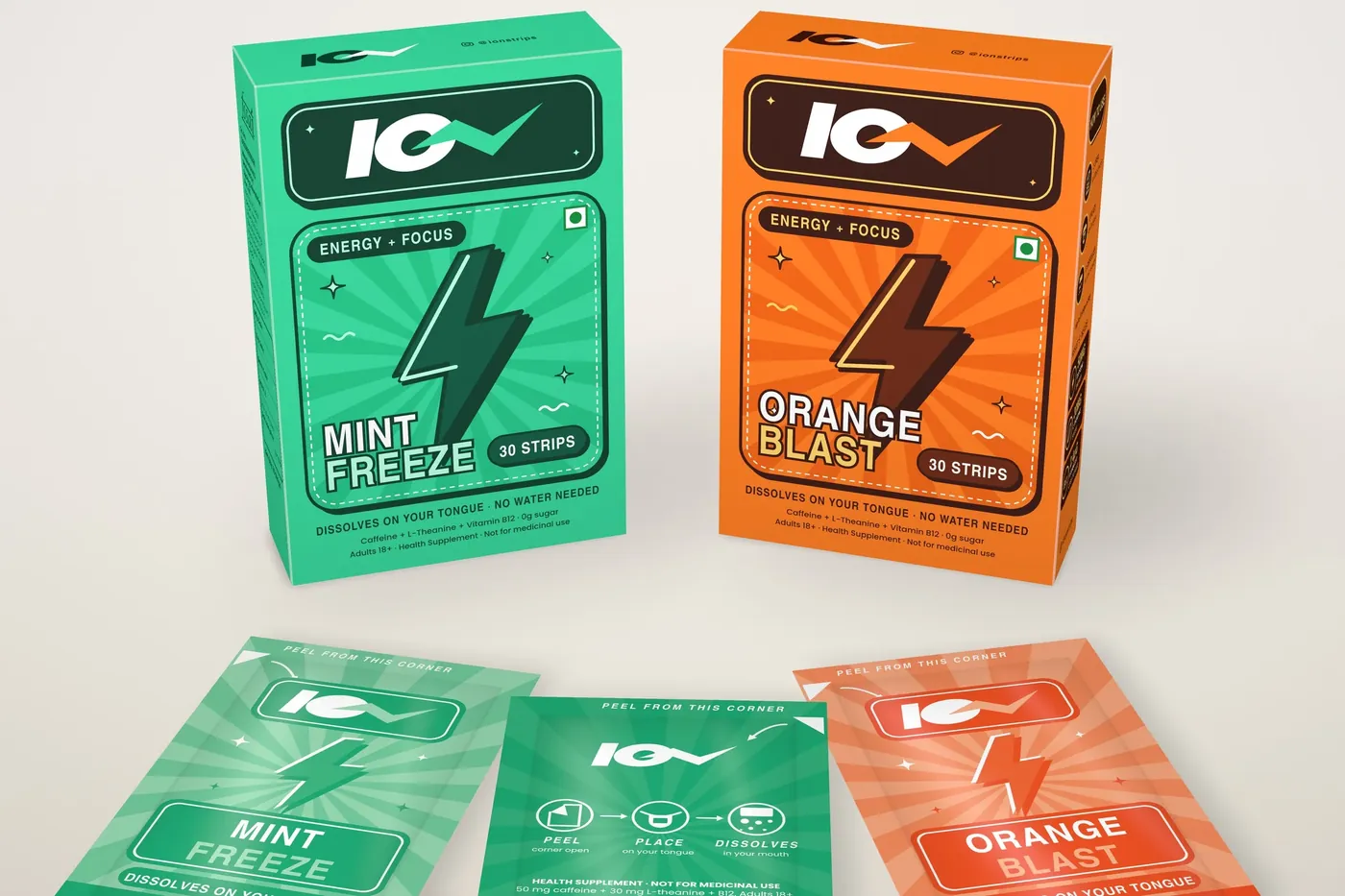 ION Mint Freeze and Orange Blast boxes with their strip pouches