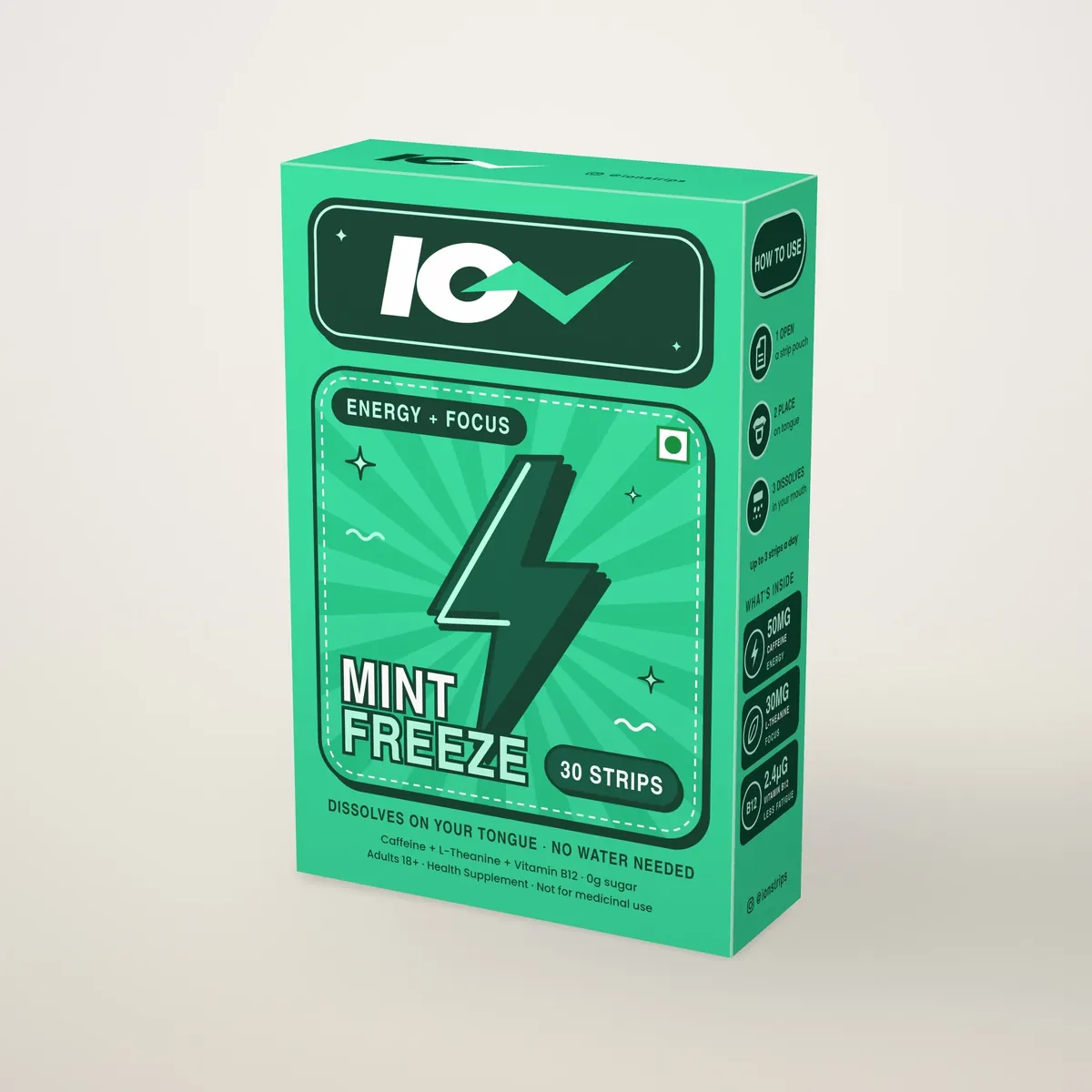 ION Mint Freeze caffeine oral strips, box of 30