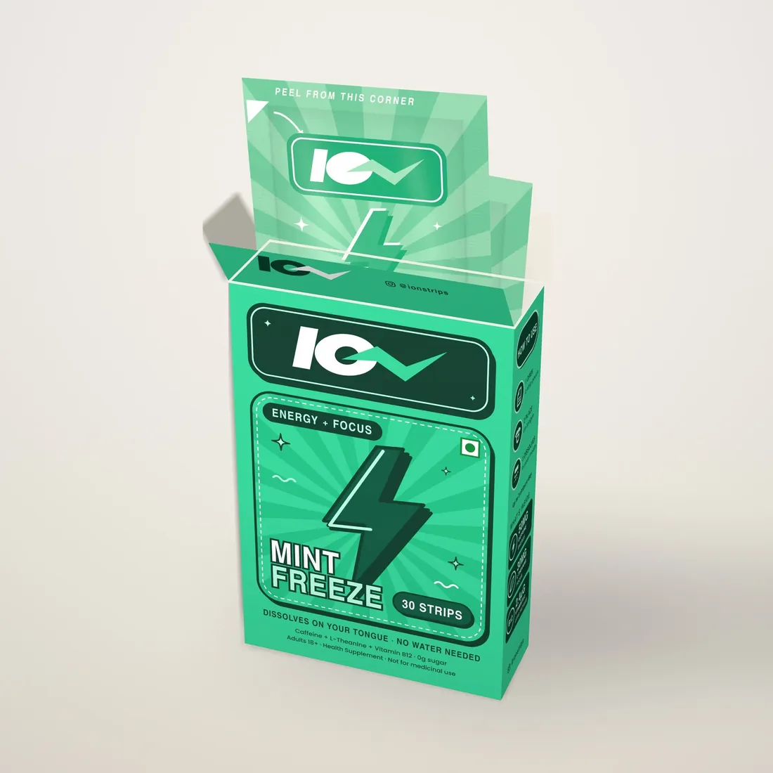 Open ION Mint Freeze box showing the strip pouches inside