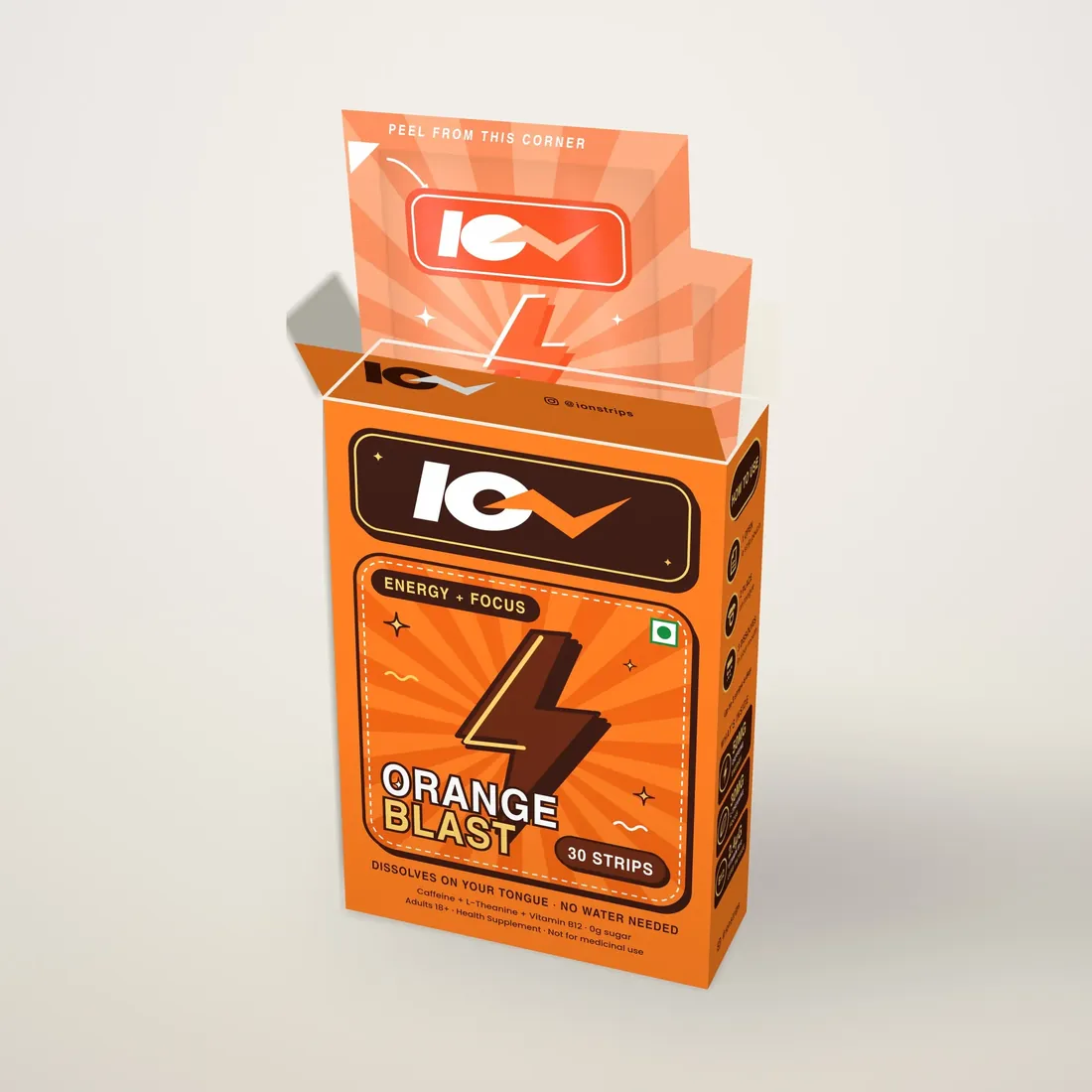 Open ION Orange Blast box showing the strip pouches inside